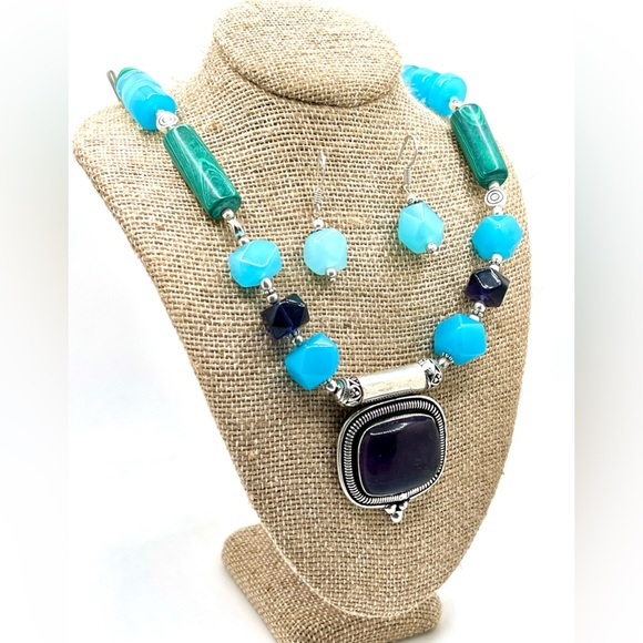 Chalcedony, Malachite, Fluorite Necklace Pendant & Earrings Set - Picture 9 of 13